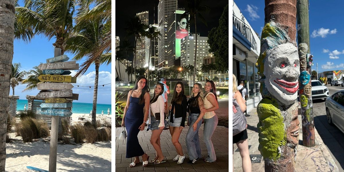 Montage of photos of Miami, with one showing five female students posing
