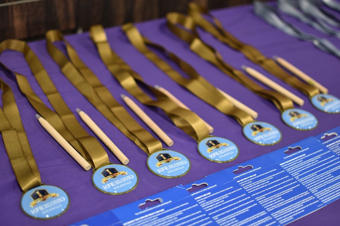 Close up of medals on table