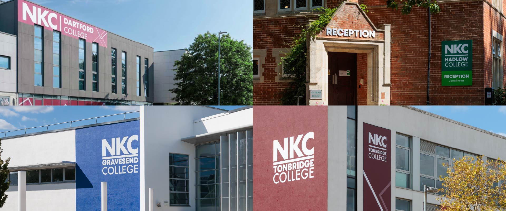 Collage showing four images of college signage